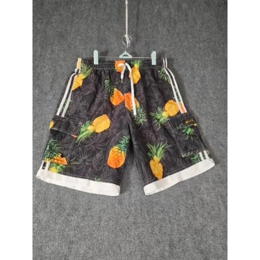 UZZI Mens Pineapple Print Cargo Swim Trunks Black Tropical Board Shorts‎ Sz M